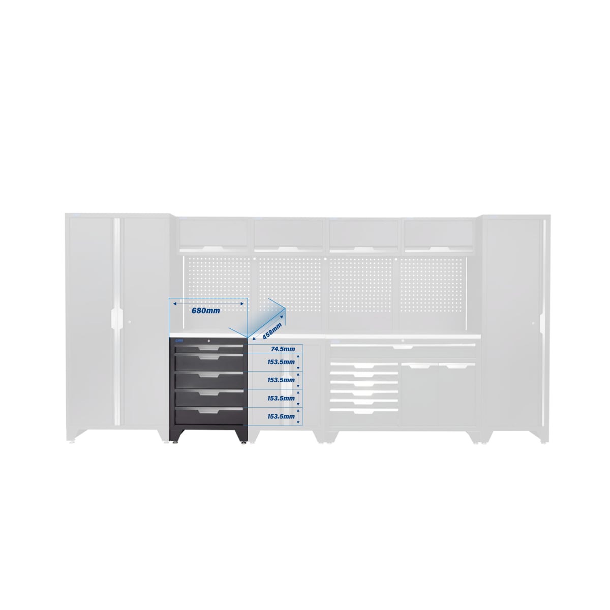 SGS 14pc Modular Garage Storage | 12 Drawers | Stainless Steel Worktop | Floor Cabinet | Tall Single & Double Cabinets